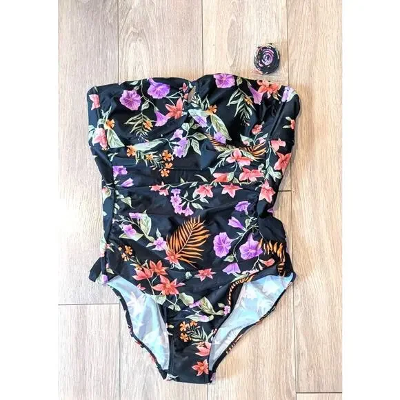 NWOT Shade & Shore Swimsuit Large Center Ring Tummy Control Floral Black Bandeau - Picture 2 of 7